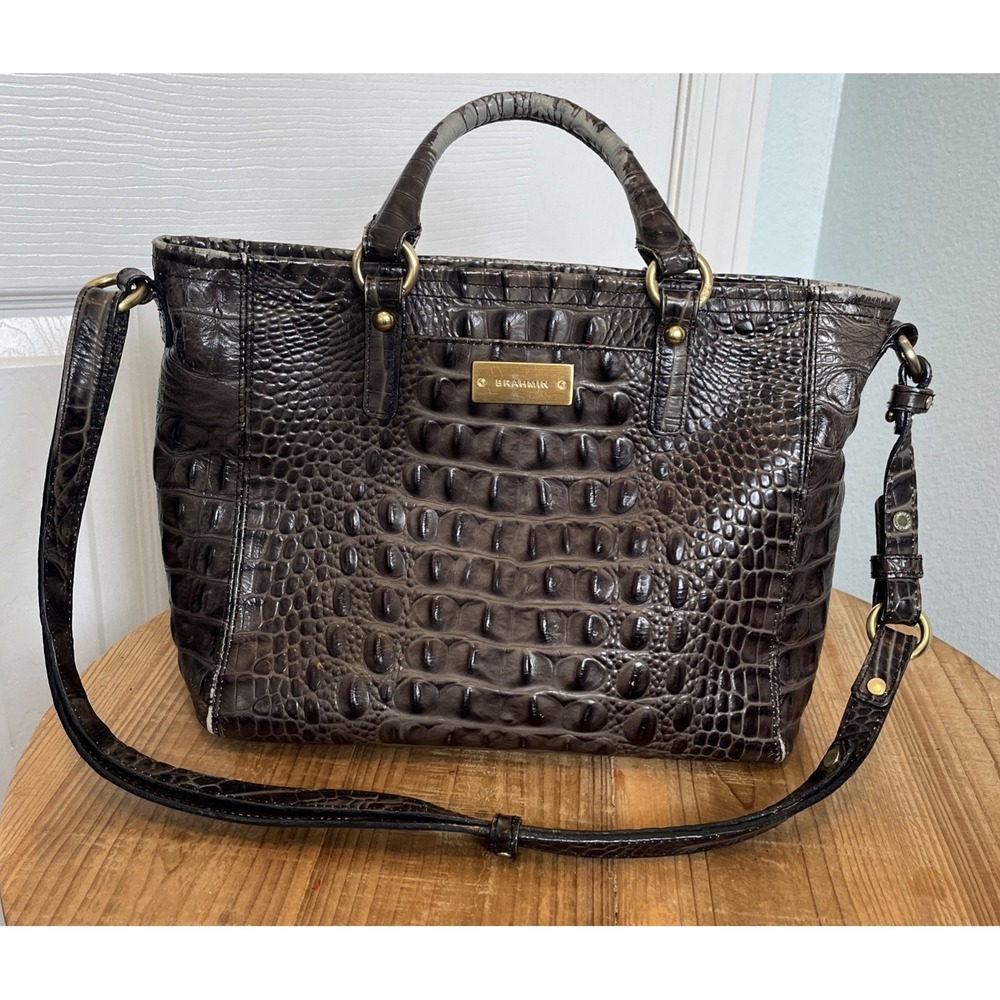 Brahmin Mini Arno Caviar Melbourne Leather Satchel Handbag Gray